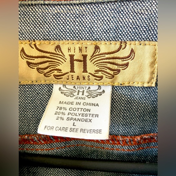 Cropped denim jacket w/ small edgy studs. Red & yellow stitching. Distressed - Picture 6 of 11